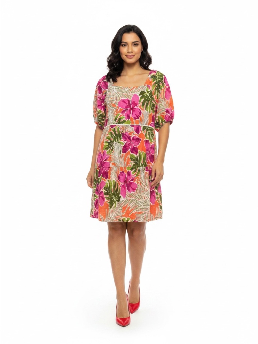 Women's Tropical Floral Square-Neck Dress in Pink & Orange
